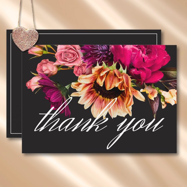 Elegant Moody Vibrant Sunset Blommigt Bröllop Tack Kort (Elegant Moody Vibrant Sunset Floral Wedding Thank You Card)