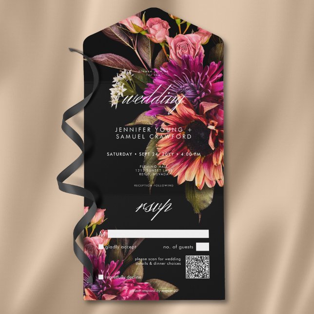 Elegant Moody Vibrant Sunset Blommigt QR-kod (Elegant Moody Vibrant Sunset Floral QR Code All In One Invitation)