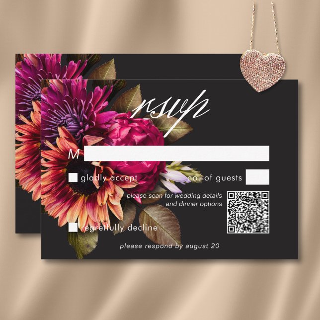Elegant Moody Vibrant Sunset Blommigt QR-kod OSA Kort (Elegant Moody Vibrant Sunset Floral QR Code RSVP Card)