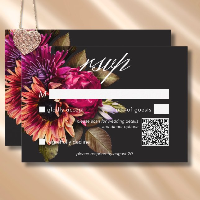 Elegant Moody Vibrant Sunset Blommigt QR-kod OSA Kort (Elegant Moody Vibrant Sunset Floral QR Code RSVP Card)