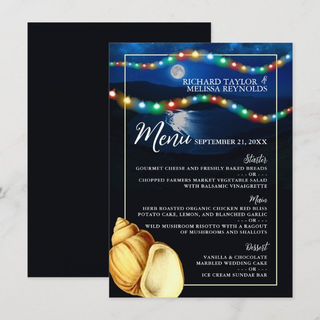 Elegant Moonlit Beach Wedding Menu Meny (Fram/baksida)