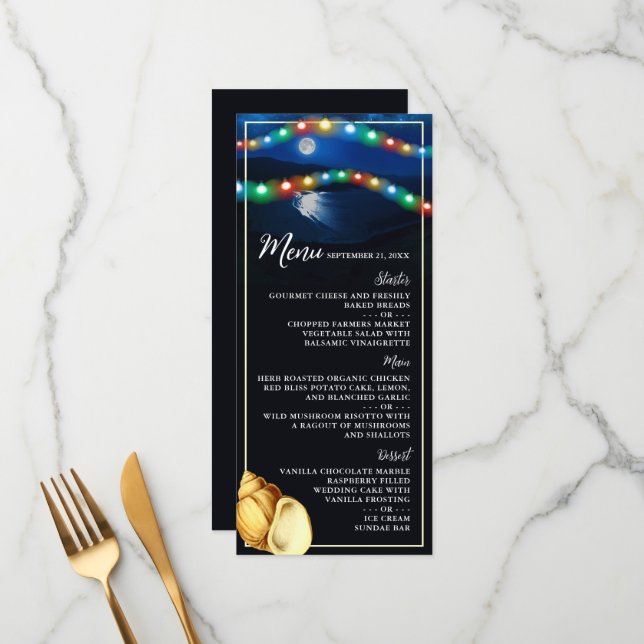 Elegant Moonlit Beach Wedding Menu Meny (Fram/Back In Situ)