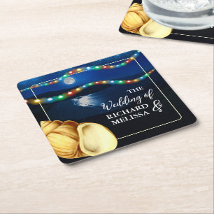 Elegant Moonlit Beach Wedding Underlägg Papper Kvadrat