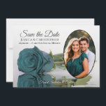 Elegant Mörk Aqua Teal Ro Oval Photo Bröllop Spara Datumet<br><div class="desc">De här vackra korten är perfekten för att låta dina vänner och din familj veta att spara datumet för ditt kommande bröllop. De har en romantisk design med en enda lång teal-, turkos- eller mörk aqua färgad ro som reflekterar i bassäng i vatten med vågar och krämer med fotot i...</div>