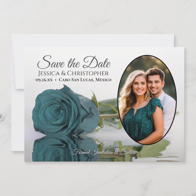 Elegant Mörk Aqua Teal Ro Oval Photo Bröllop Spara Datumet (Framsida)