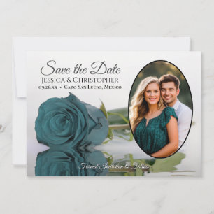 Elegant mörk aqua teal ros oval foto bröllop spara datumet