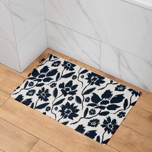 Elegant Mörk blått Blommigt Cream Canvas Badrumsmatta (Skapare uppladdad)