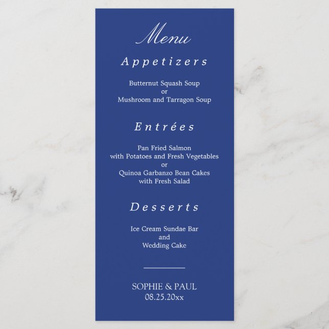 Elegant Mörk blått Bröllop Menu Meny (Framsida)