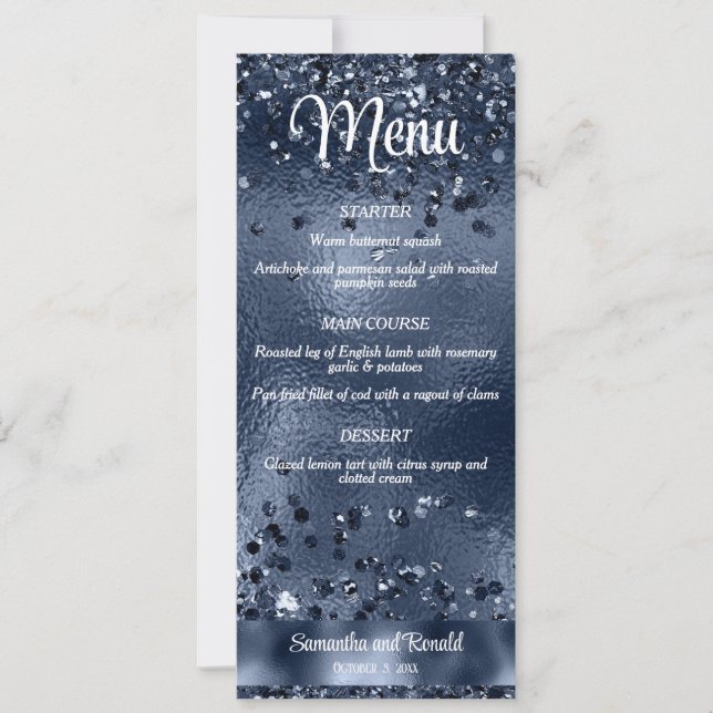 Elegant Mörk blått Glitter och Foil Bröllop Menu Inbjudningar (Framsida)