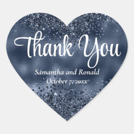 Elegant Mörk blått Glitter och Foil Bröllop Tack Hjärtformat Klistermärke