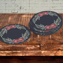 Elegant Mörk blått jul Ornament Red Berries Underlägg Papper Rund