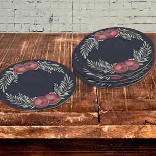 Elegant Mörk blått jul Ornament Red Berries Underlägg Papper Rund