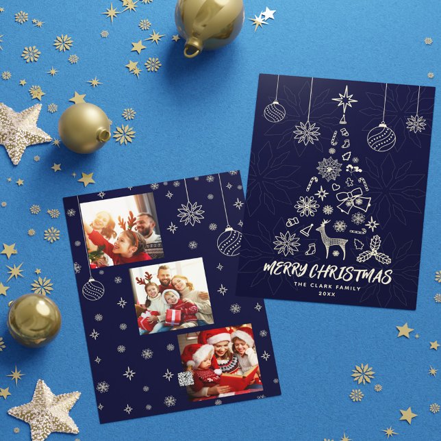 Elegant Mörk blått Julgran 3-fotokollage Julkort (Elegant Dark Blue Christmas Tree 3 Photo Collage Holiday Card)