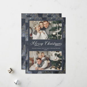 Elegant Mörk blått Julgran-familjfoto Julkort