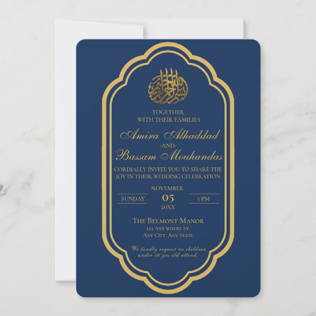 Elegant Mörk blått och Guld islamiska Bröllop Inbjudningar (Framsida)