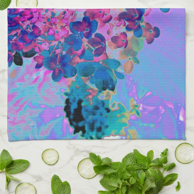 Elegant Mörk blått och Magenta Limelight Hydrangea Kökshandduk (Vikta)