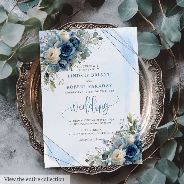 Elegant, Mörk blått Ro, Bröllop vid Ram vid vid Si Inbjudningar (Elegant Dark Blue Roses Silver Frame Wedding Invite)