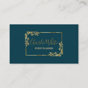 Elegant Mörk Bleu och Blommigt Guld Löv QR Visitkort