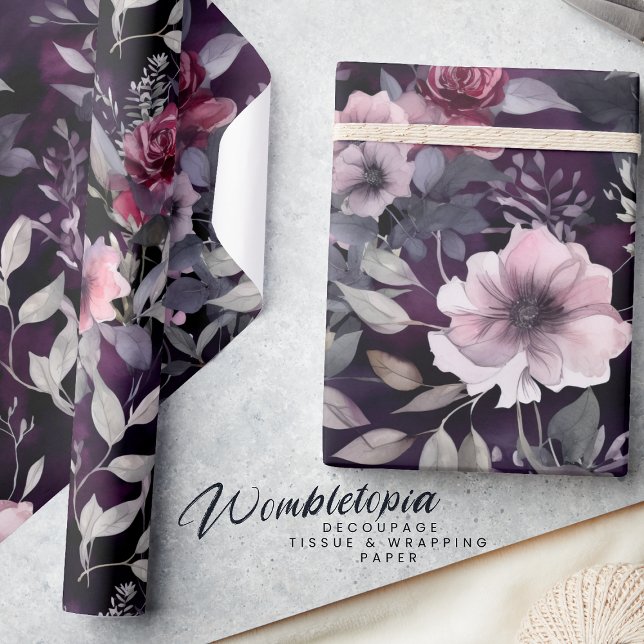 Elegant Mörk Blommar Lila & Rosa ros avoupage Presentpapper (Skapare uppladdad)