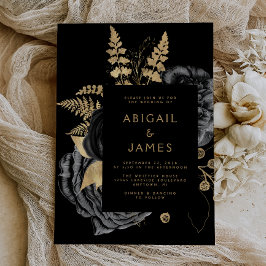 Elegant Mörk Blommig Svart Guld Bröllop Inbjudningar