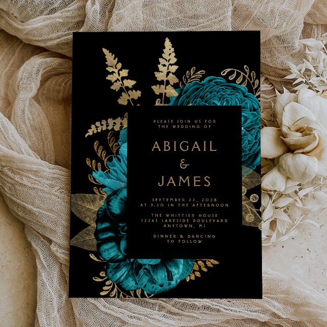Elegant Mörk Blommig Turkos Guld Bröllop Inbjudningar (The perfect choice for a romantic turquoise and gold themed wedding.)