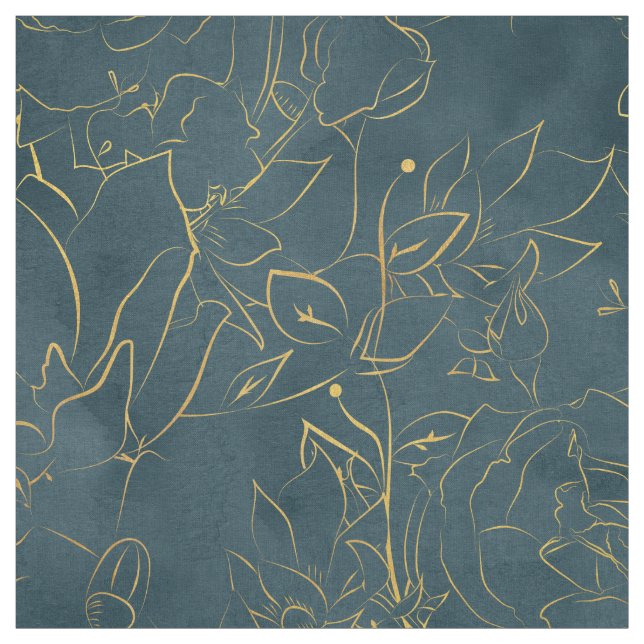 Elegant Mörk Blommigt av blått vattenfärgsgulfenad Tyg (Provkarta)