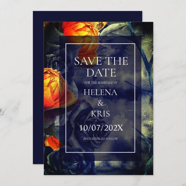 Elegant Mörk Blommigt Bröllop Spara Datumet (Fram/baksida)