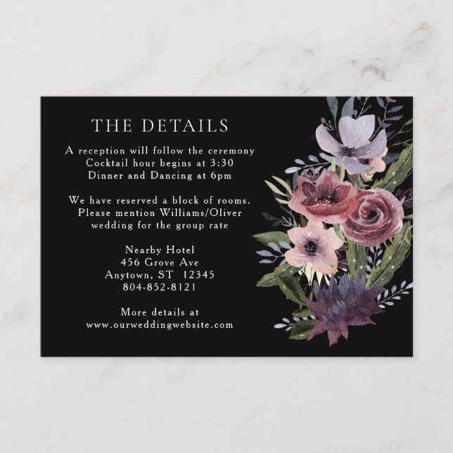 Elegant Mörk Blommigt Cascade Black Burgundy Enclo Tilläggskort (Framsida)