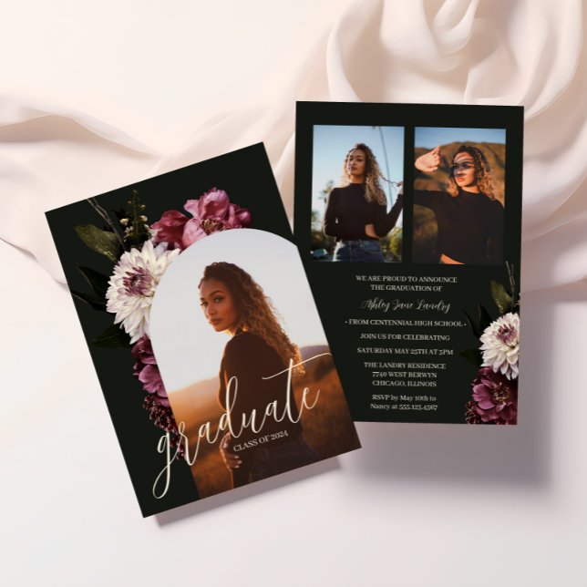 Elegant Mörk Blommigt Foto Studenten avisering Inbjudningar (Skapare uppladdad)