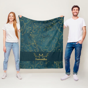 Elegant Mörk - Blommigten Teal Blue & Gold Foil mo Fleecefilt
