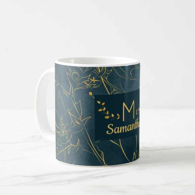 Elegant Mörk - Blommigten Teal Blue & Gold Foil mo Kaffemugg (Framsida vänster)