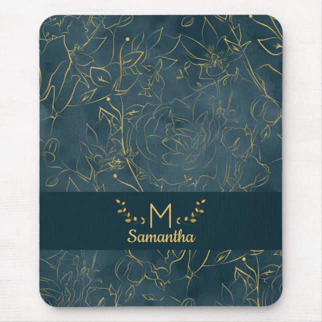 Elegant Mörk - Blommigten Teal Blue & Gold Foil mo Musmatta (Framsidan)