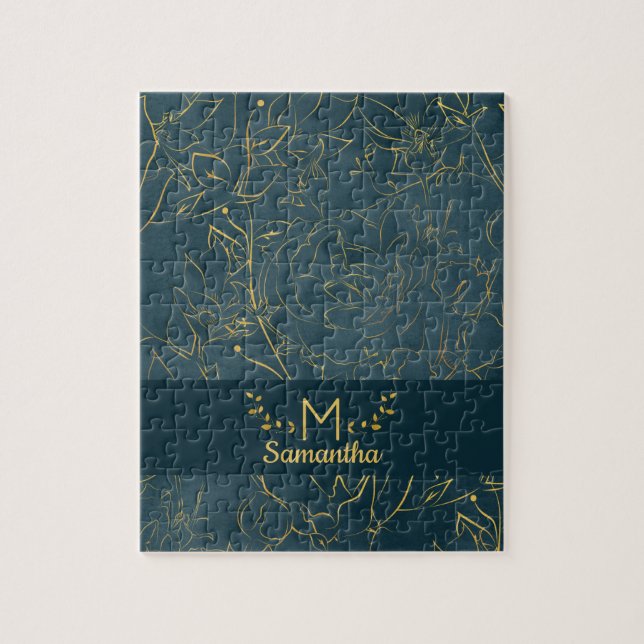 Elegant Mörk - Blommigten Teal Blue & Gold Foil mo Pussel (Vertikal)