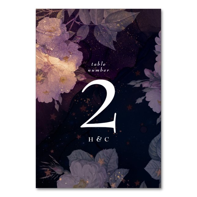 Elegant Mörk Boho Blommigt Lila Ro Guld Bröllop Bordsnummer (Framsidan)