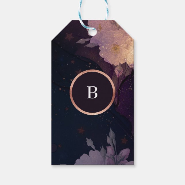 Elegant Mörk Boho Blommigt Lila Ro Guld Bröllop Presentetikett (Framsidan)