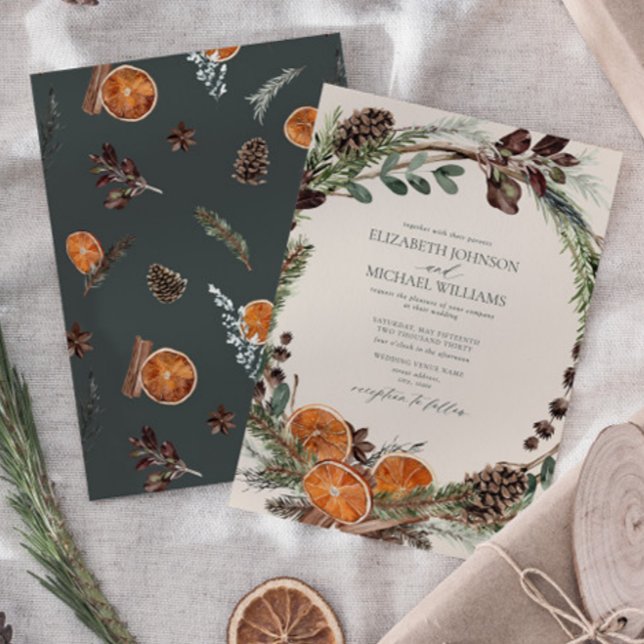 Elegant Mörk Boho Citrus Greenery Winter Wedding Inbjudningar (Easily personalize this formal bohemian citrus invitation for the perfect fall or winter wedding)