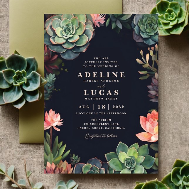 Elegant Mörk Botaniskt suckplantor Bröllop Inbjudningar (Dark botanical succulent plant boho wedding invitation suite, moody black, green and peach invite)