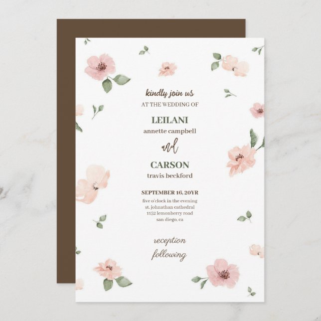 Elegant Mörk Brown Cherry Blommar Bröllop Inbjudningar (Fram/baksida)