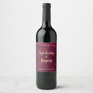 Elegant Mörk Burgunder Vattenfärg Guldaccent Vinflaska Etikett
