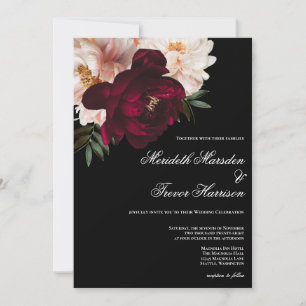 Elegant Mörk Burgundy & Blommigt Black Bröllop Inbjudningar