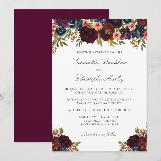 Elegant Mörk Burgundy Botanical Bröllop Inbjudningar (Fram/baksida)