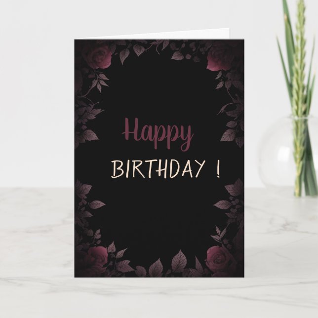 Elegant Mörk Burgundy Ro Black Birthday Kort (Framsida)