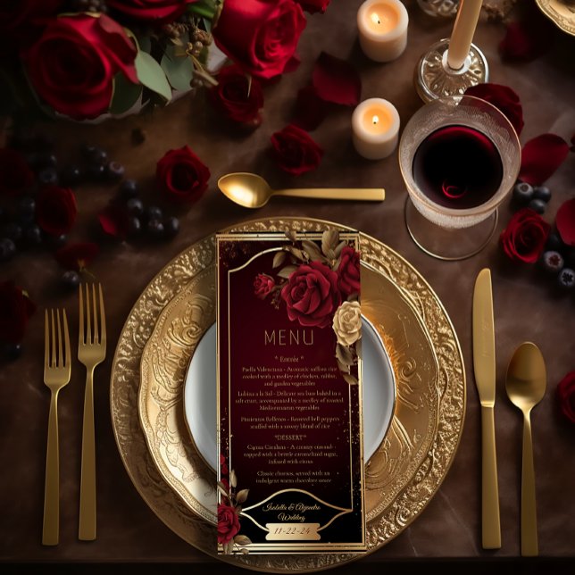 Elegant Mörk Burgundy Röd ros och Guld Bröllop Meny (Elegant Red Rose Burgundy and Gold Wedding Menu )