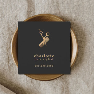 Elegant Mörk Faux Guld Scissors Comb Hairstylist Fyrkantigt Visitkort