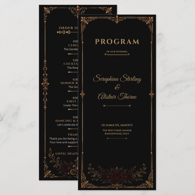 Elegant Mörk Gothic Bröllopsprogram Program (Fram/baksida)