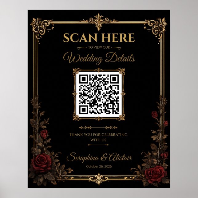 Elegant mörk gotisk bröllops QR-kod skylt (Framsidan)