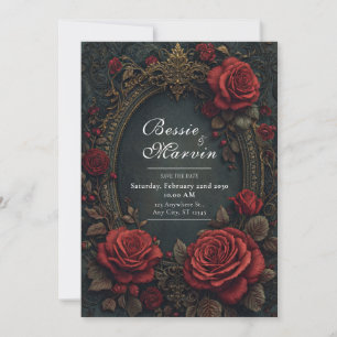 Elegant Mörk Gotisk Burgunderröd Ros Oval Bröllop Inbjudningar