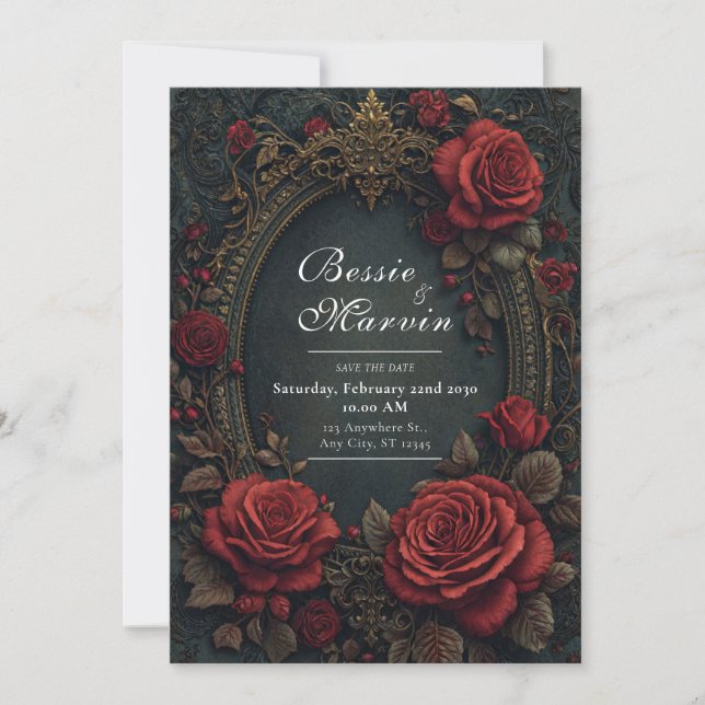 Elegant Mörk Gotisk Burgunderröd Ros Oval Bröllop Inbjudningar (Framsida)