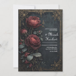 Elegant Mörk Gotisk Burgunderros Blommig Bröllop Inbjudningar