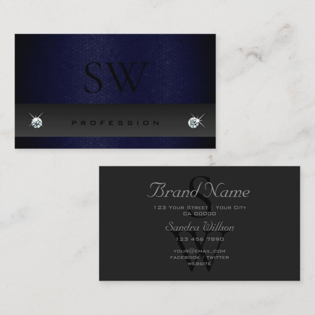 Elegant Mörk Grått Blue Snake Mönster med Monogram Visitkort (Fram/baksida)